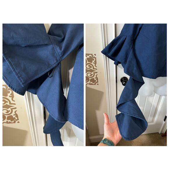 CQ BY CQ Linen Blouse Top Off The Shoulder Ruffle Embellishment 3/4 Sleeve Navy - Picture 5 of 14